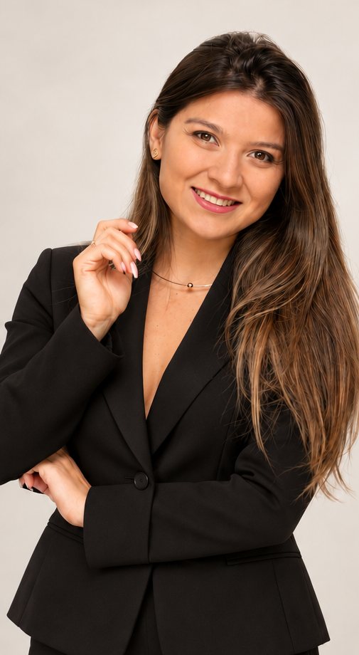 Chiara, de terno preto, sorrindo